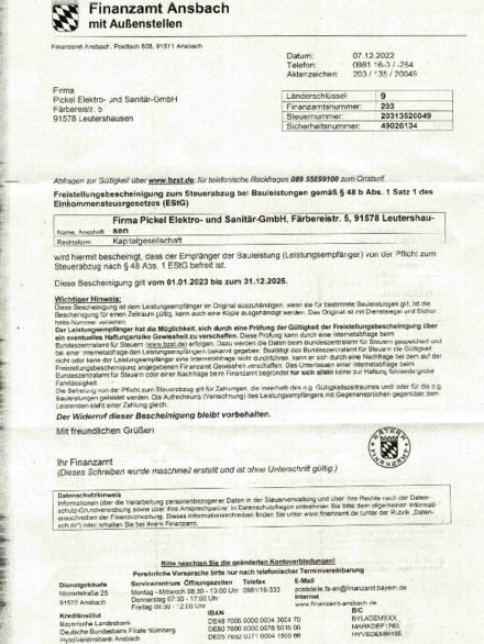 Freistellungsbescheinigung bei Pickel Elektro- und Sanitär GmbH in Leutershausen